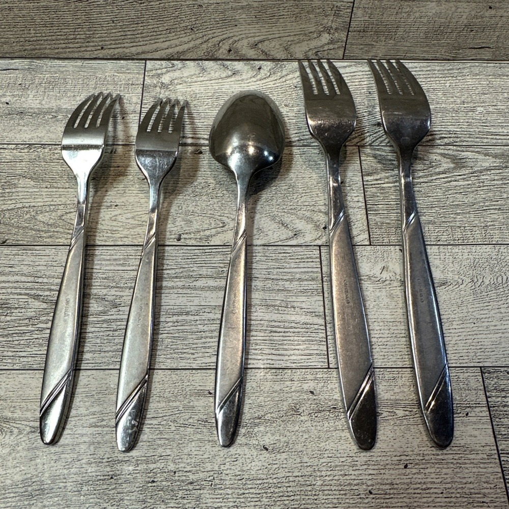 Oneida Risotto Stainless Flatware 5PC Shiny & Satin Silver Retired Forks & Spoon